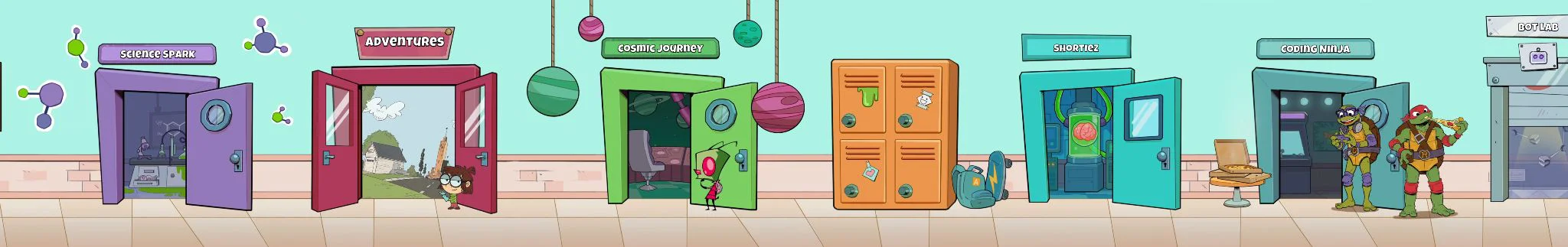 The NickAcademy corridor of learning doors: Science Spark, Adventures, Cosmic Journey, Shortiez, Coding Ninja